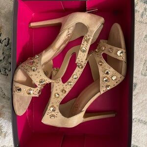 Tan Stiletto Heels with Intricate Cutout Design
